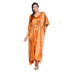 Womens Orange Night Dress Comfortable Long Maxi Sexy Satin Nighty for Ladies